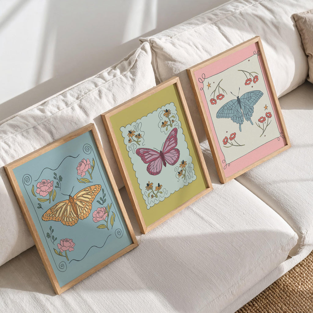Set of 3 Whimsical Butterfly Prints – Unframed Wall Art