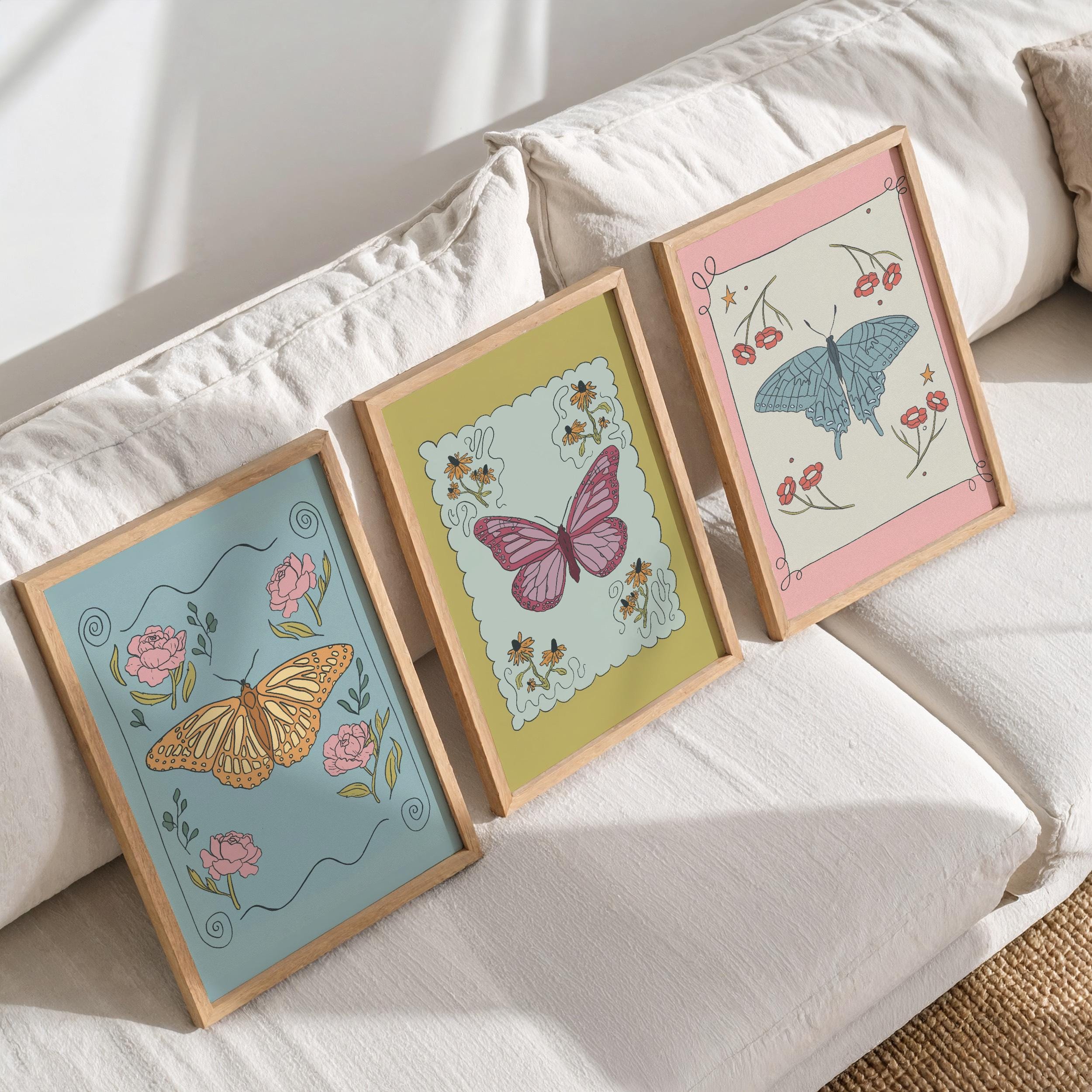 Set of 3 Whimsical Butterfly Prints – Unframed Wall Art