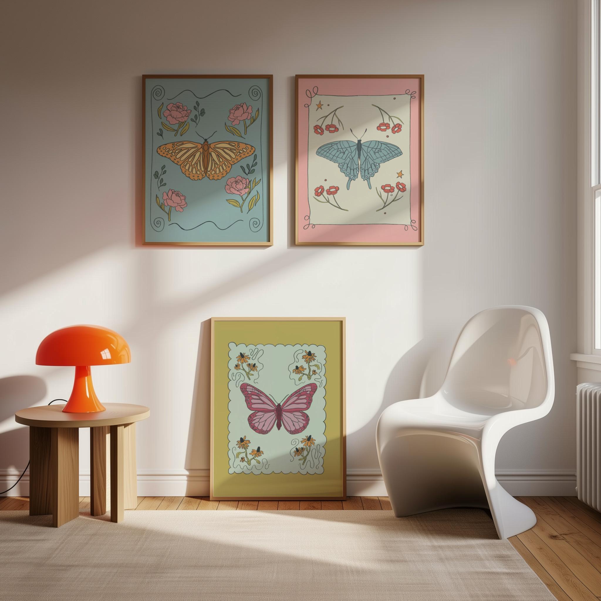 Set of 3 Whimsical Butterfly Prints – Unframed Wall Art
