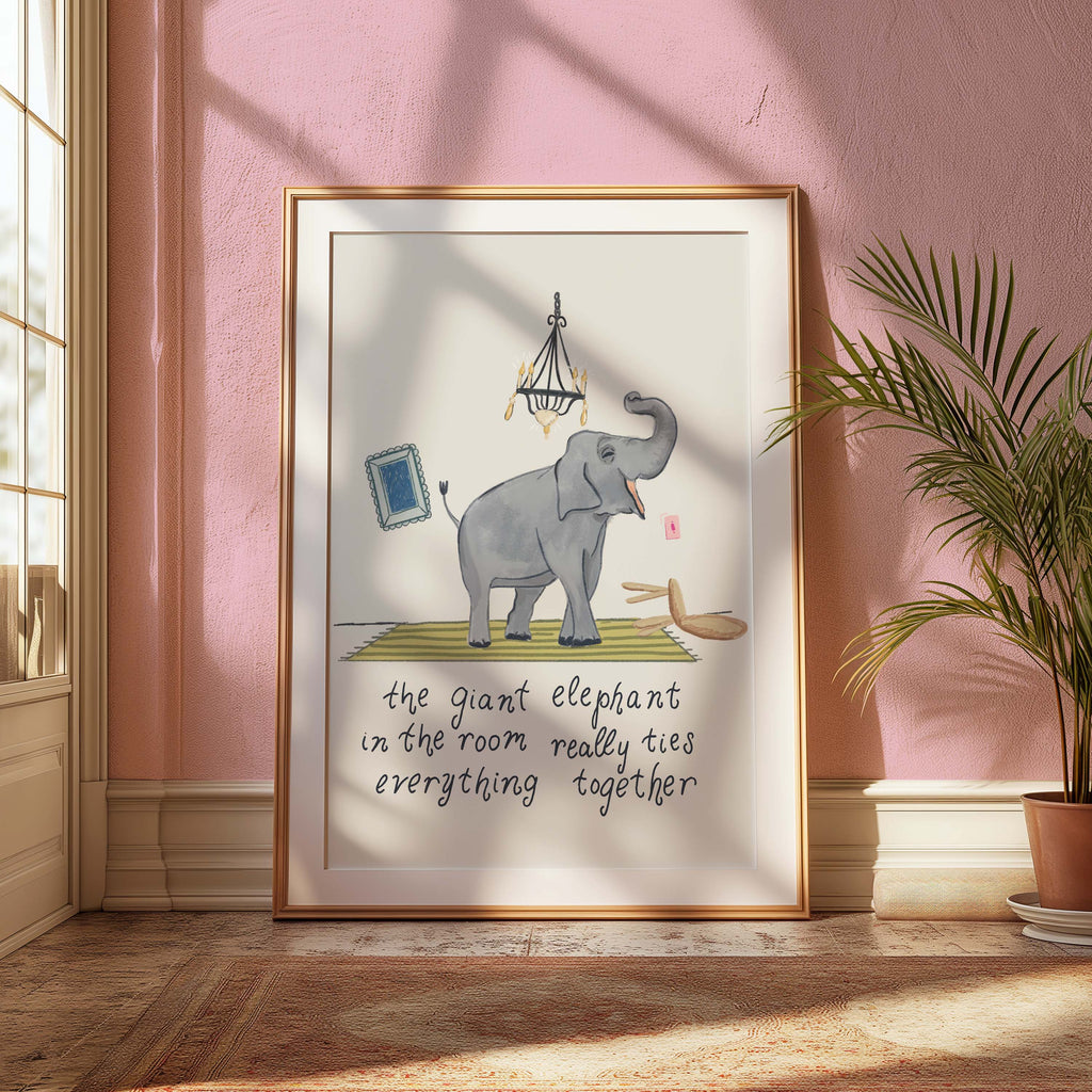 Elephant in the Room Art Print, Funny Animal Wall Decor, Whimsical Illustration Poster, Quirky Home Decor, Cozy Apartment Wall Art