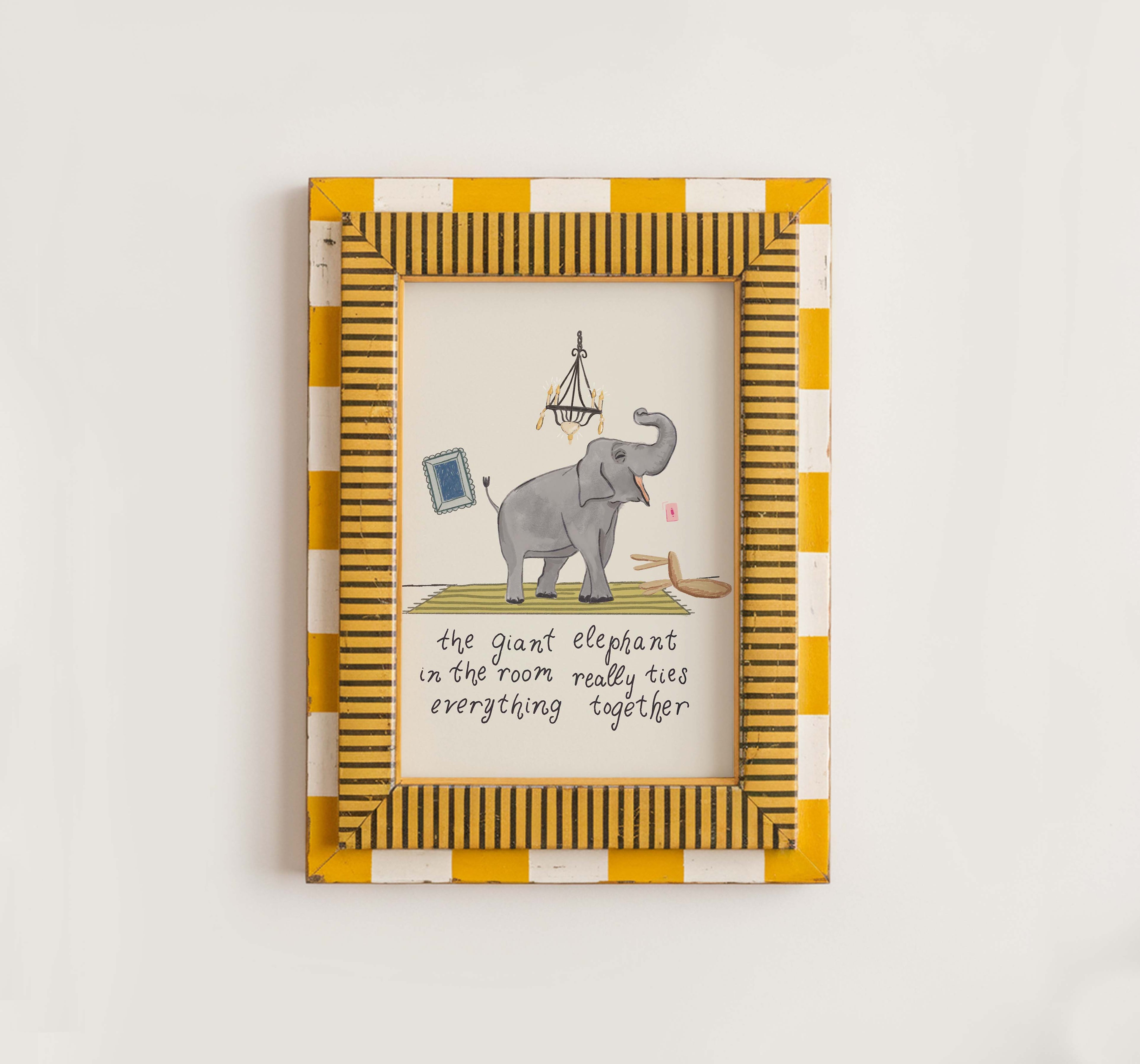 Elephant in the Room Art Print, Funny Animal Wall Decor, Whimsical Illustration Poster, Quirky Home Decor, Cozy Apartment Wall Art